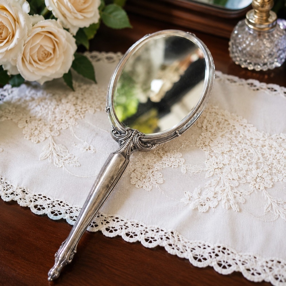 Antique‎ Sterling Silver Vanity Hand Mirror